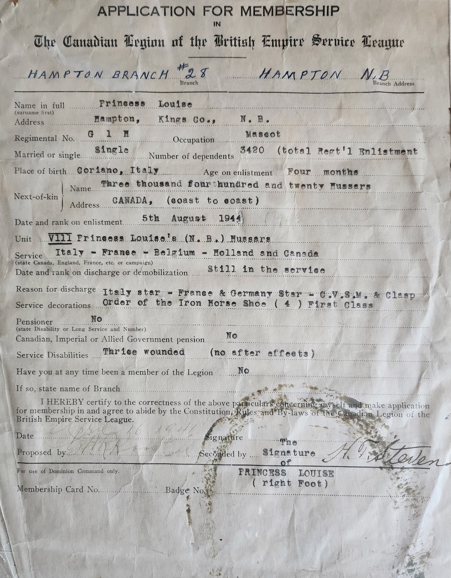 Princess Louise's legion application form with right hoof print, dated April 16, 1946.