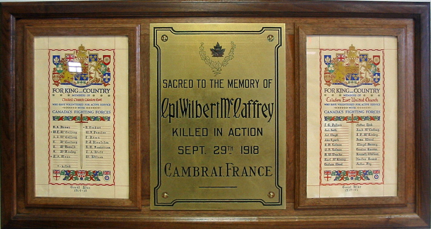 Caledon East United Church First World War Honour Roll, Corporal Wilbert McCaffery Plaque, Caledon East United Church Second World War Honour Roll.