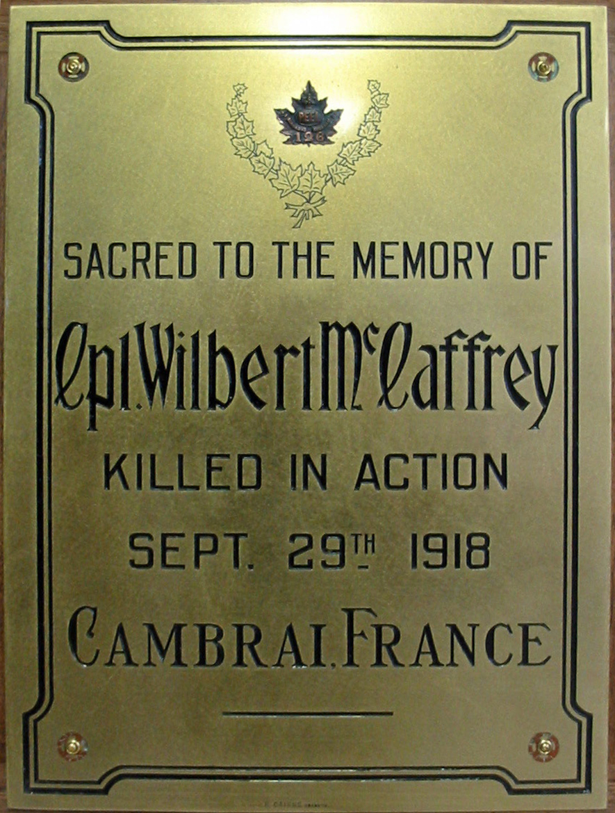 Corporal Wilbert McCaffery Plaque