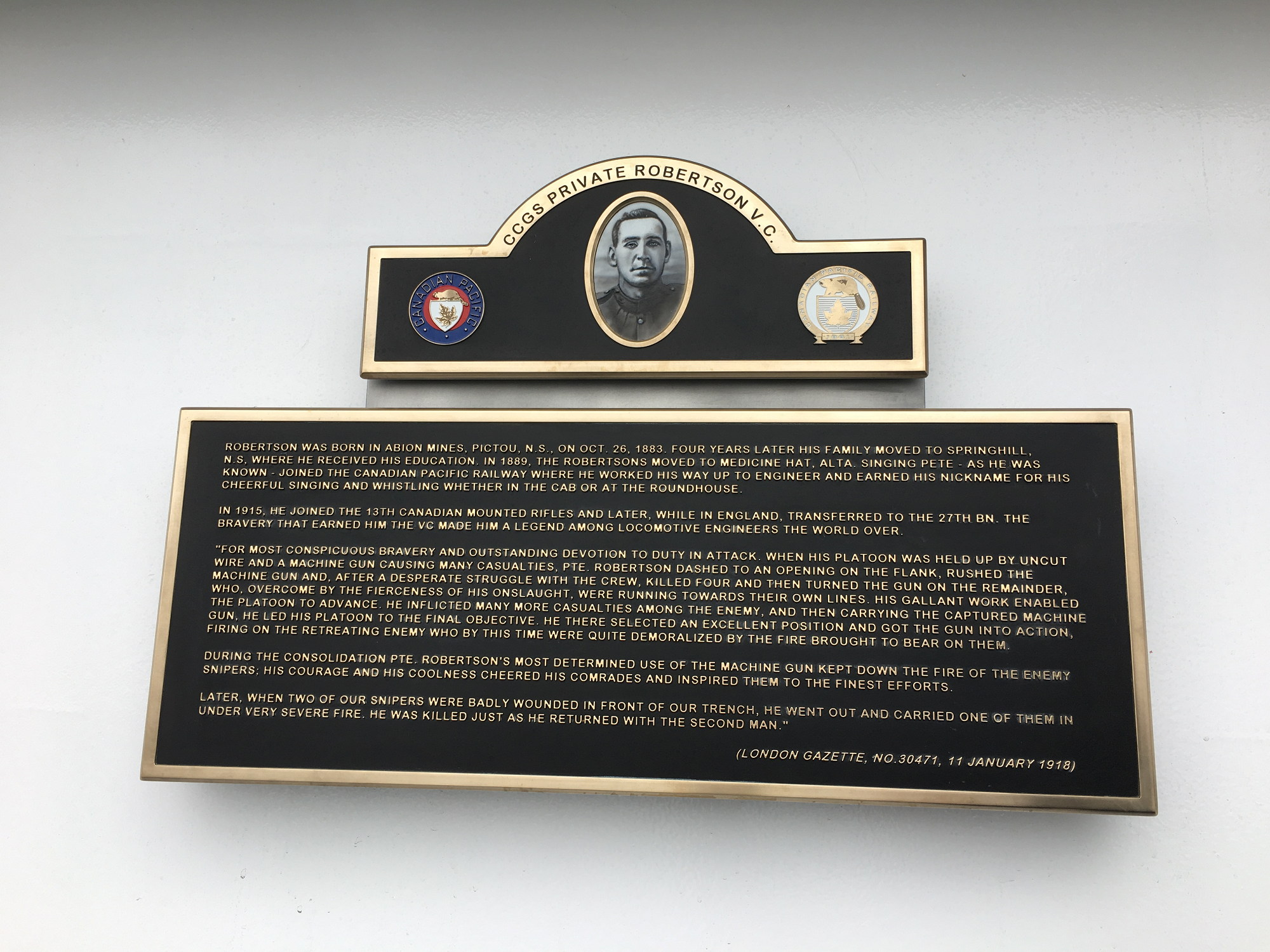 Private Robertson V.C. Plaque