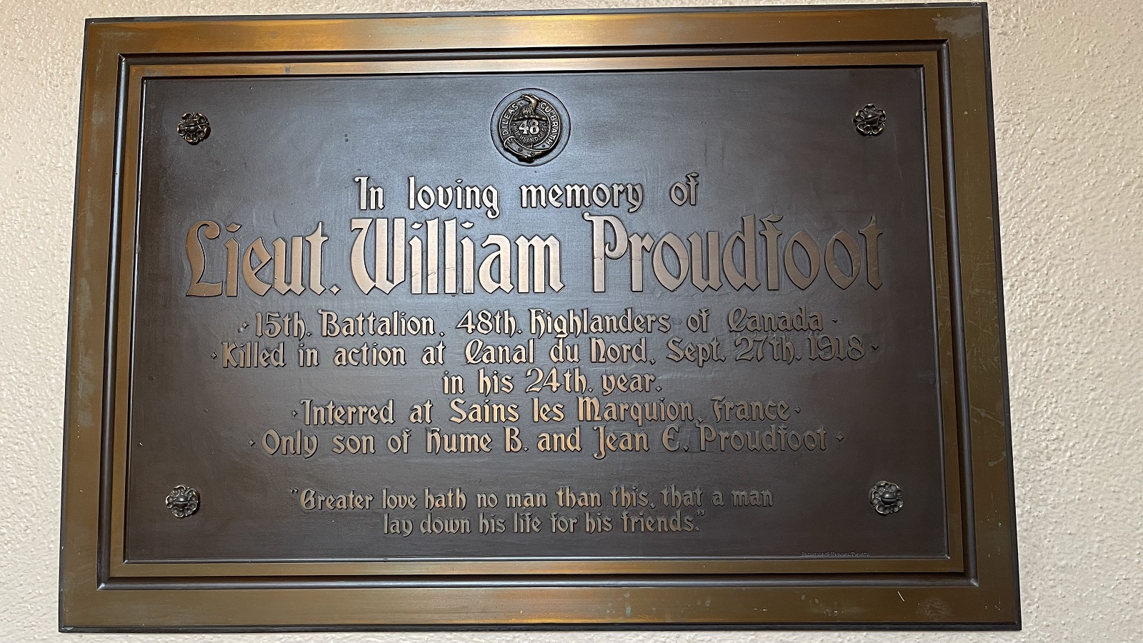 Lieutenant William Proudfoot Plaque