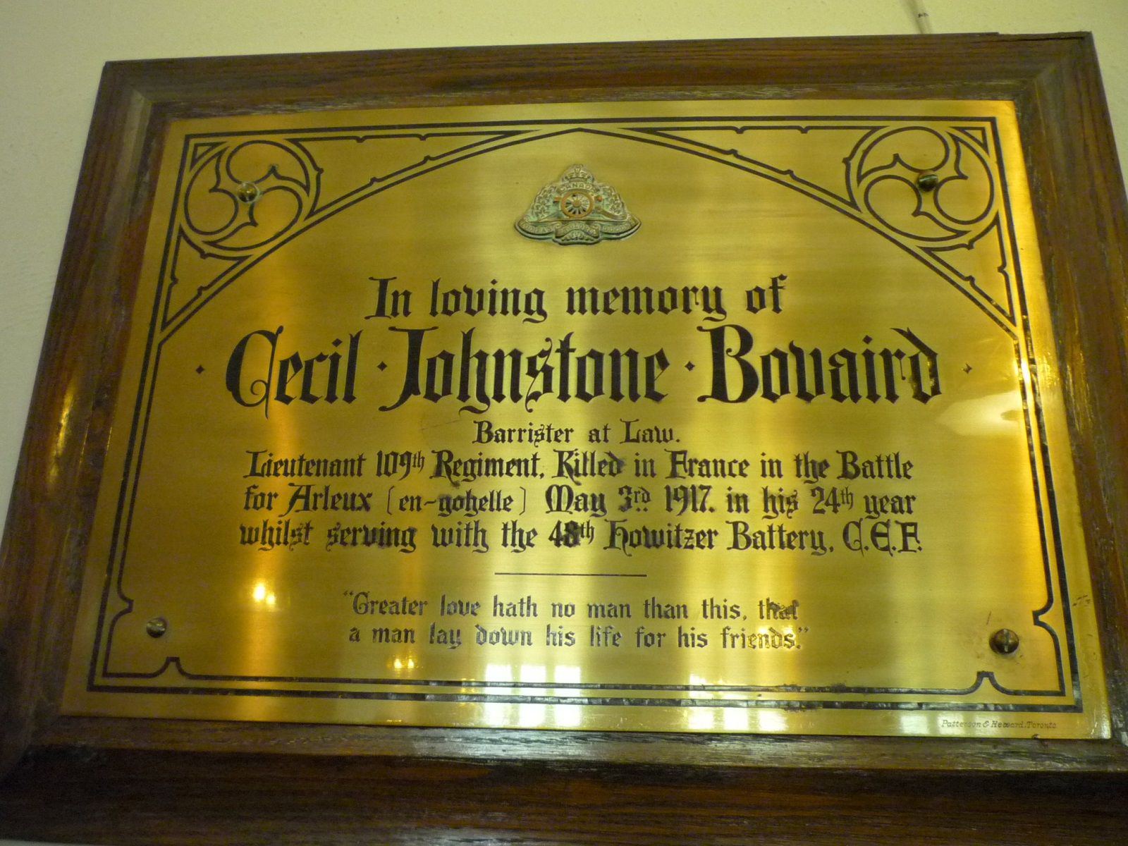 Lieutenant Cecil Johnstone Bovaird Plaque