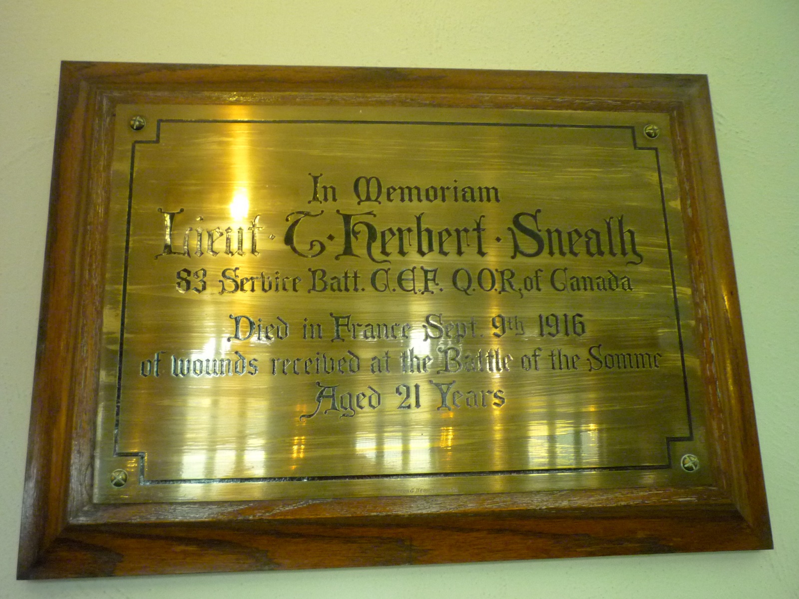 Lieutenant T Herbert Sneath Plaque