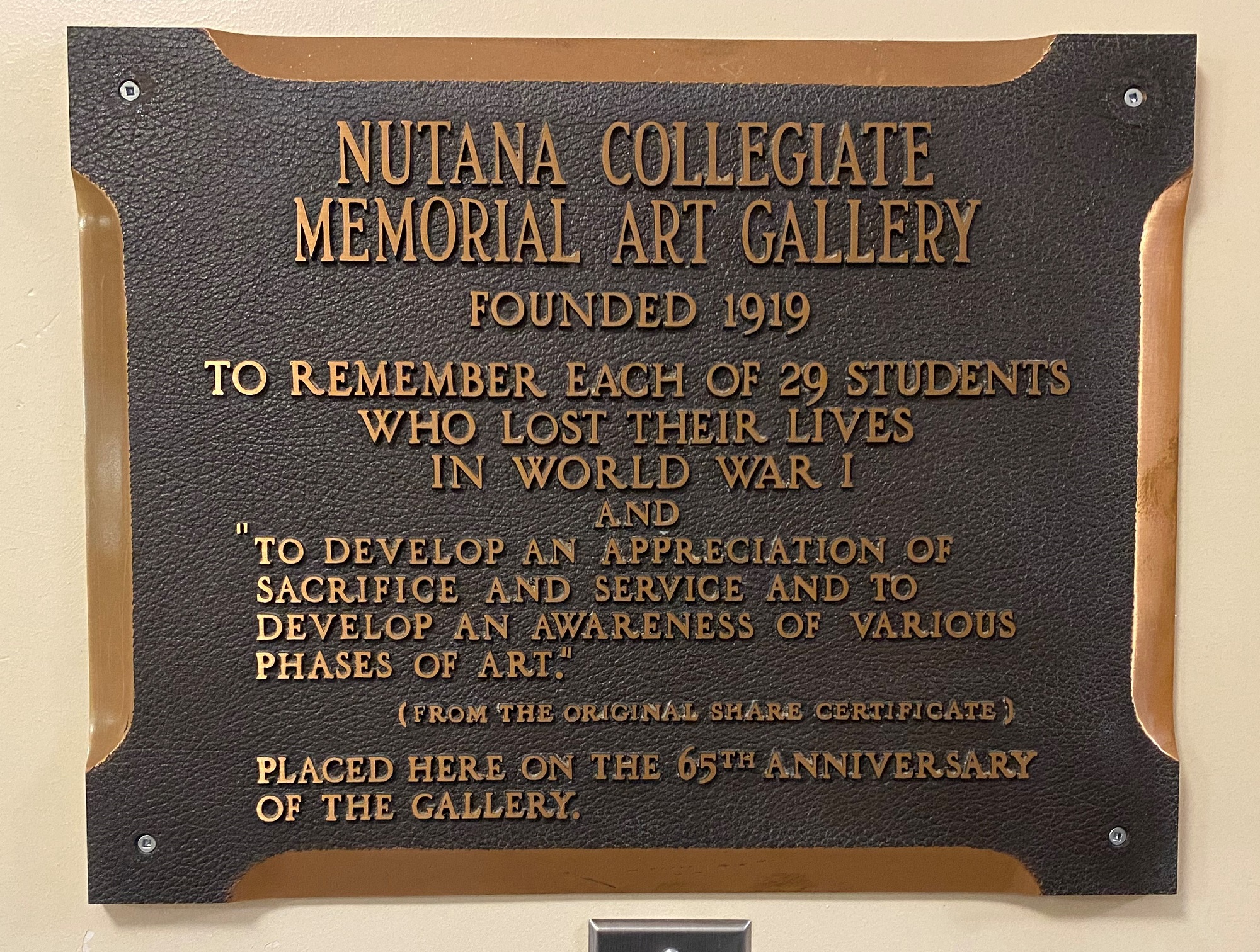 Memorial Art Gallery plaque