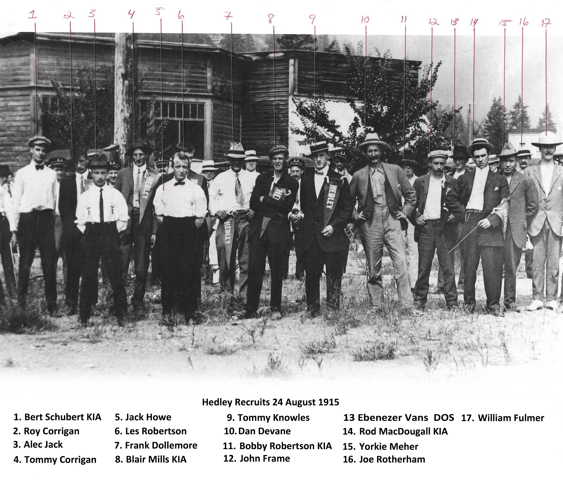 Hedley men before they headed off to Penticton to enlist in the Canadian Expeditionary Force, 24 Aug 1915.