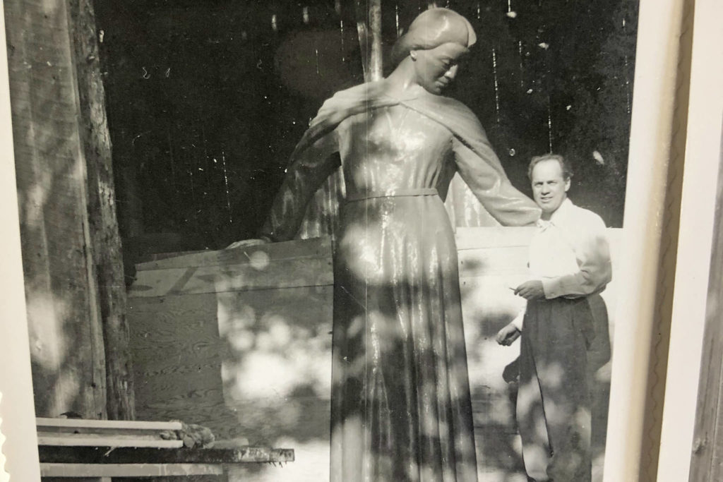 Oak Bay Memorial Cenotaph and sculptor James Saull 1948 prior to installation