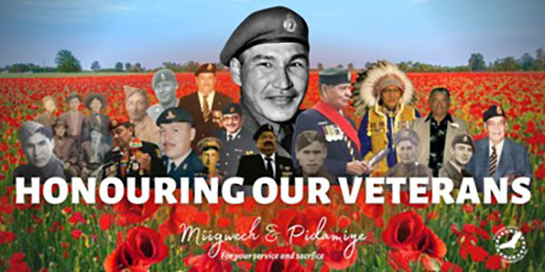 Collage d’images de vétérans des Premières Nations avec en arrière-plan un champ de coquelicots rouges.