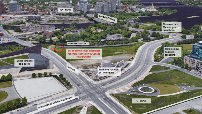 Le site des plaines LeBreton est situé à Ottawa, en face du Musée canadien de la guerre, du côté est de la rue Booth, au nord du Monument national de l’Holocauste. Le site sera facilement accessible, et le monument sera bien visible si l’on passe devant à pied ou à bord d’un véhicule.