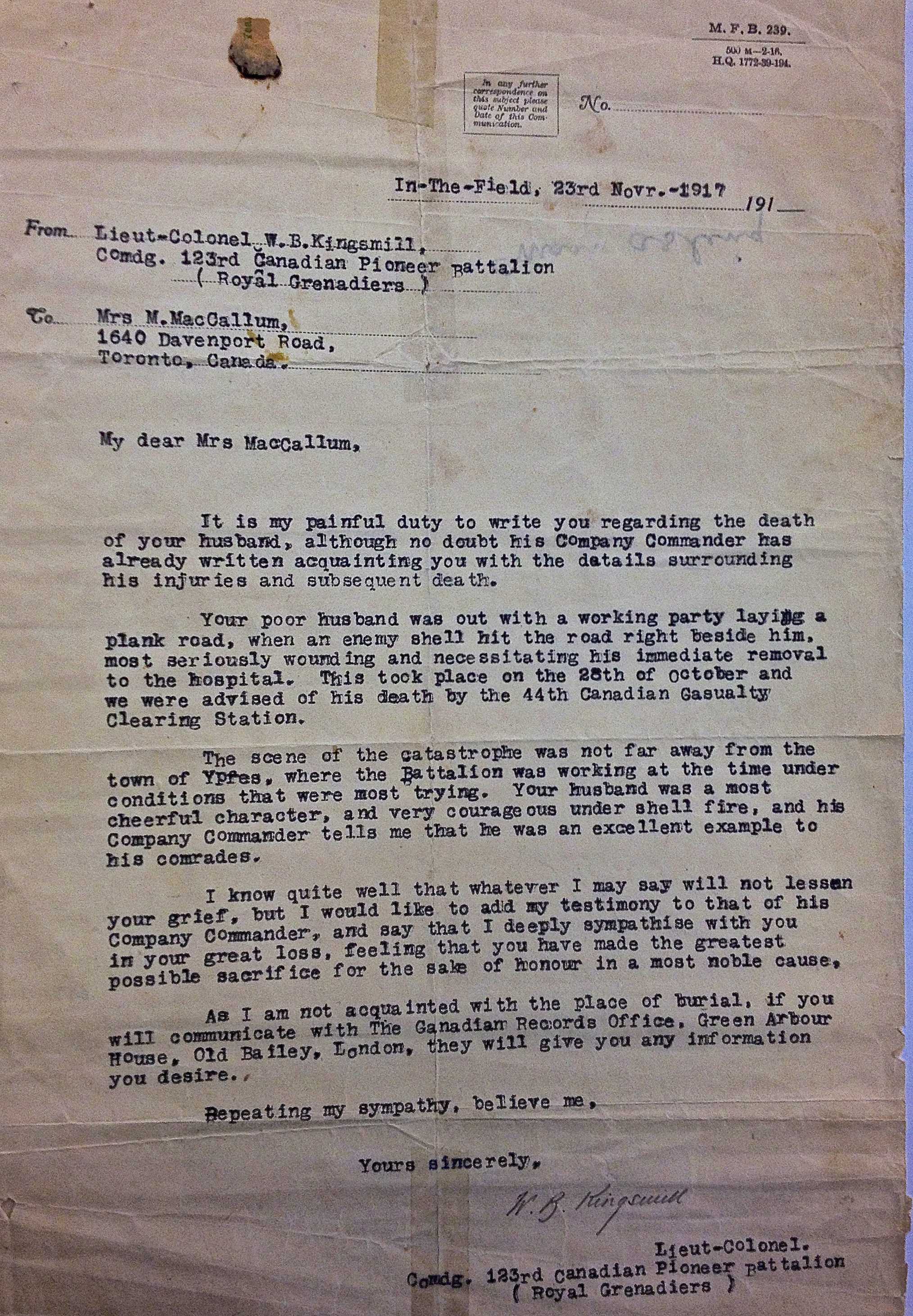 Letter of Condolonces