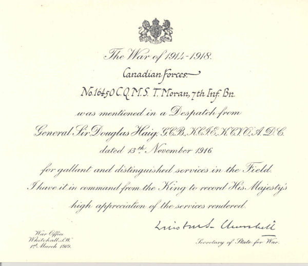 Mentioned in Despatches Certificate