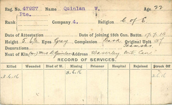 Record of Service Card (Front)