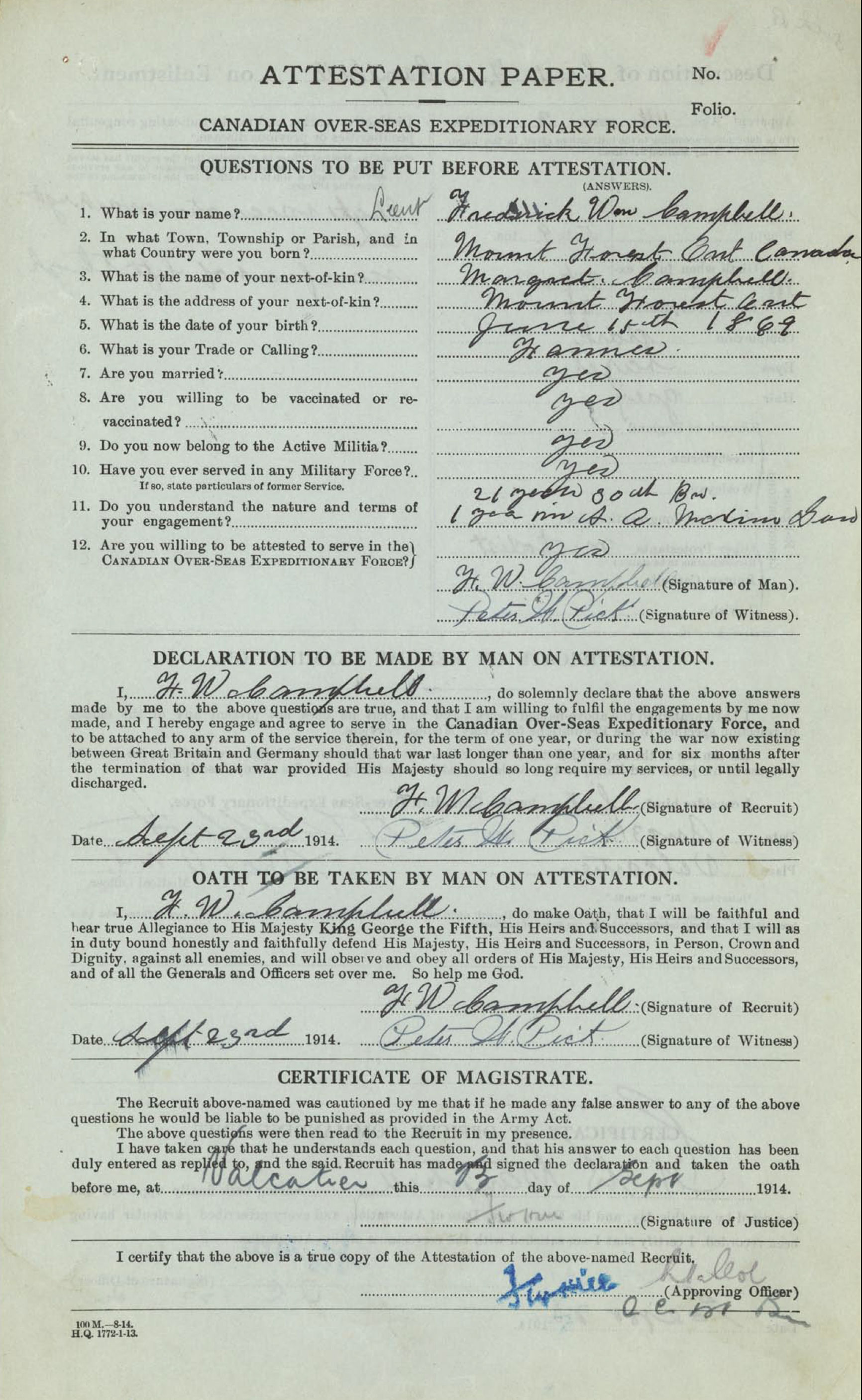 Attestation Paper (front)