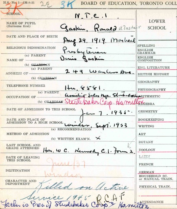 School registration card