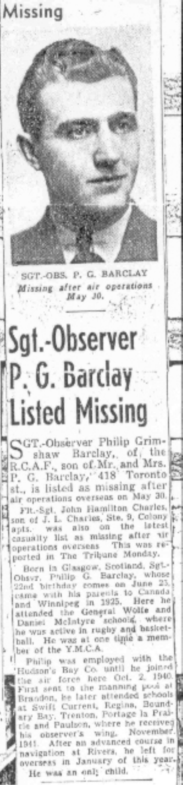 Newspaper Clipping of Philip Grimshaw Barclay