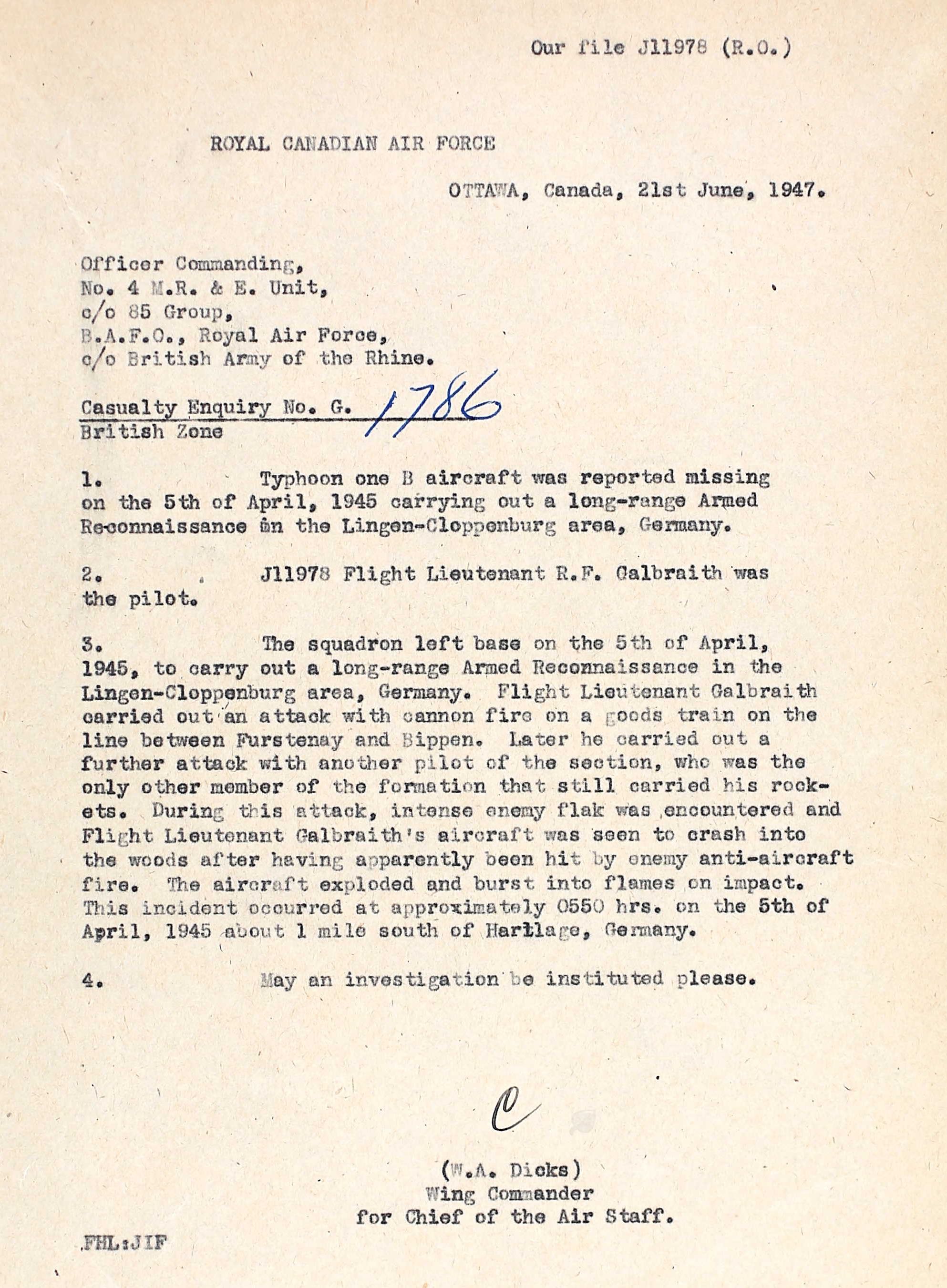 Circumstances of Galbraith's crash