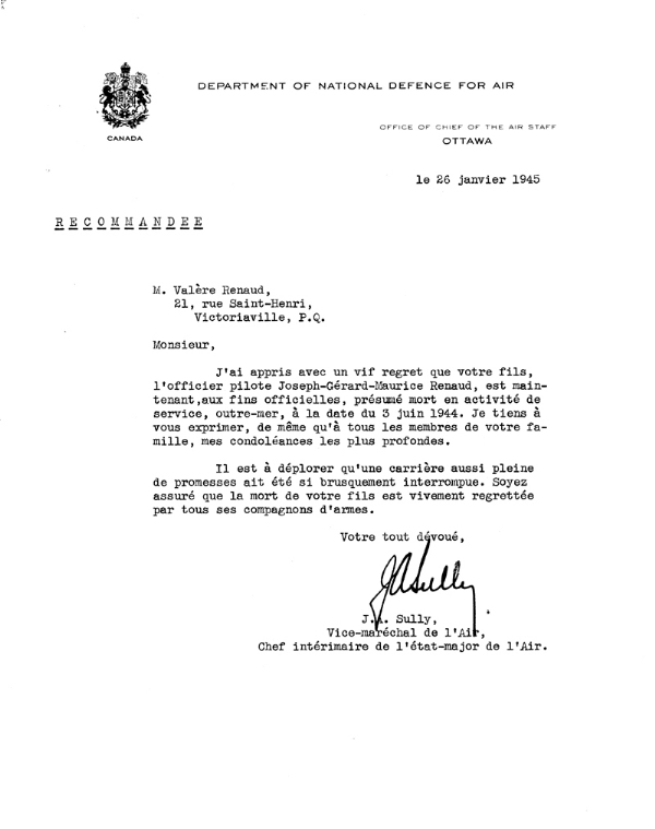 Official letter from the Vice Air Marshal