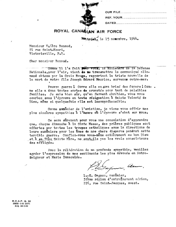 Letter from army chaplain