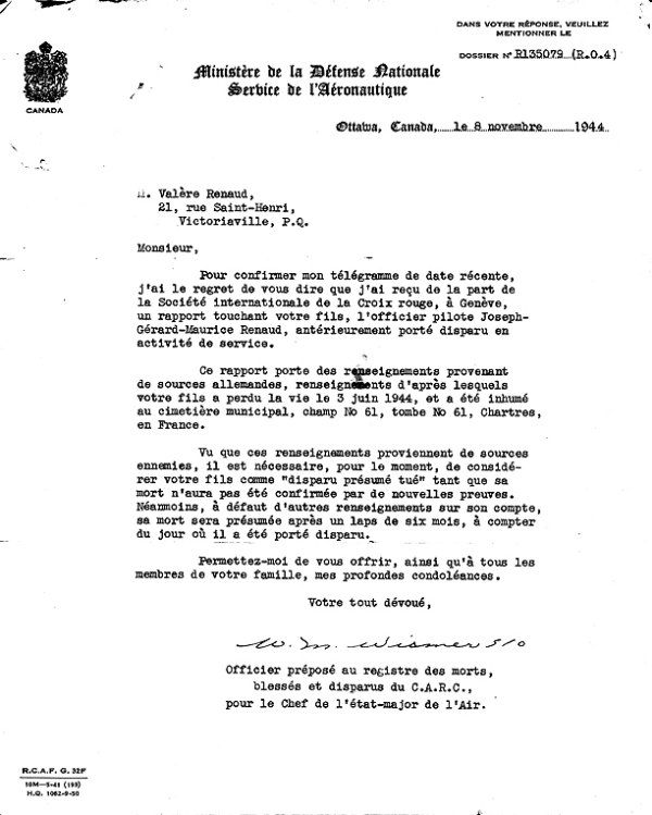 Letter from Department of National Defence