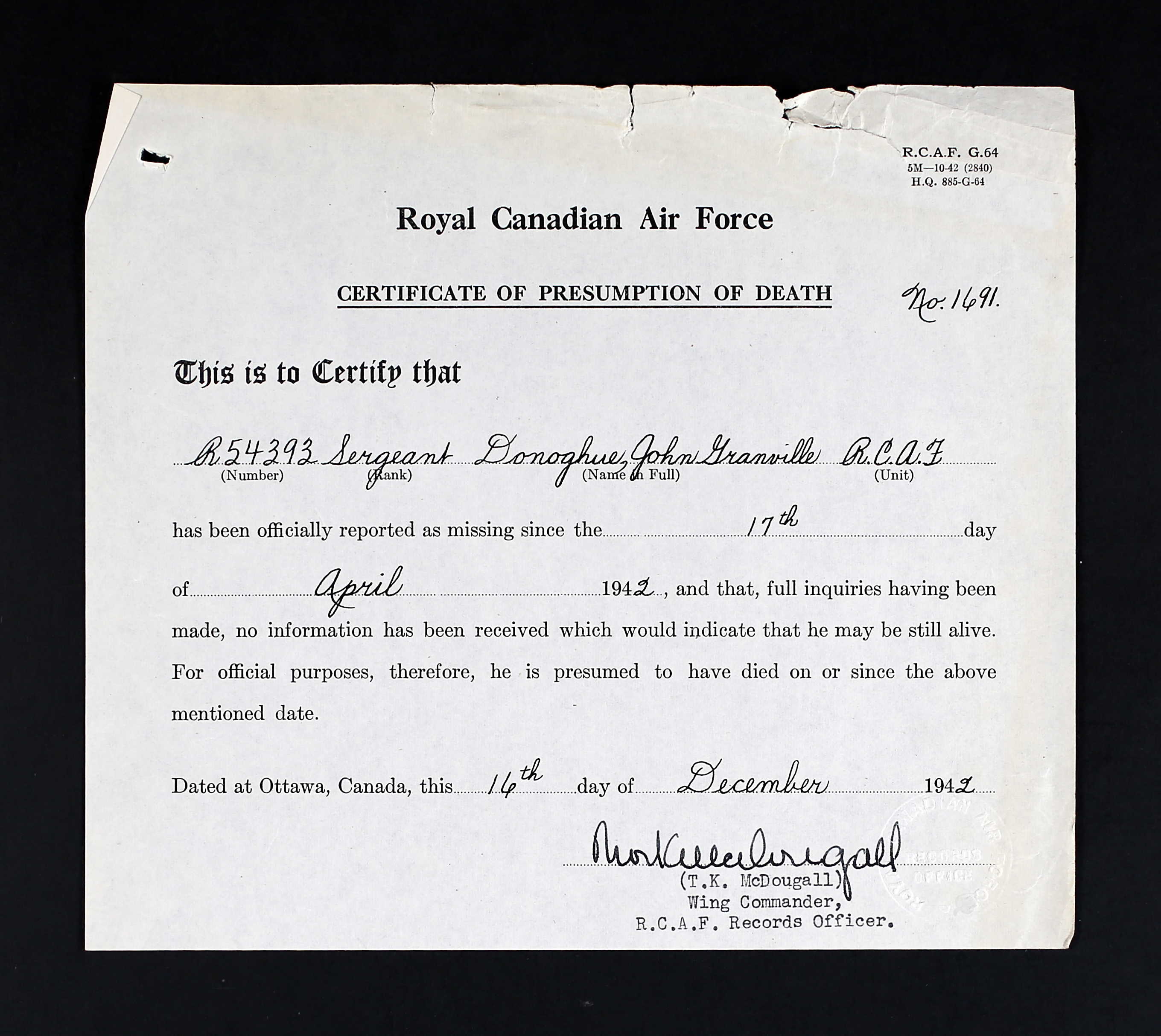 Certificate of presumption of death