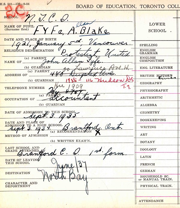 High School registration card