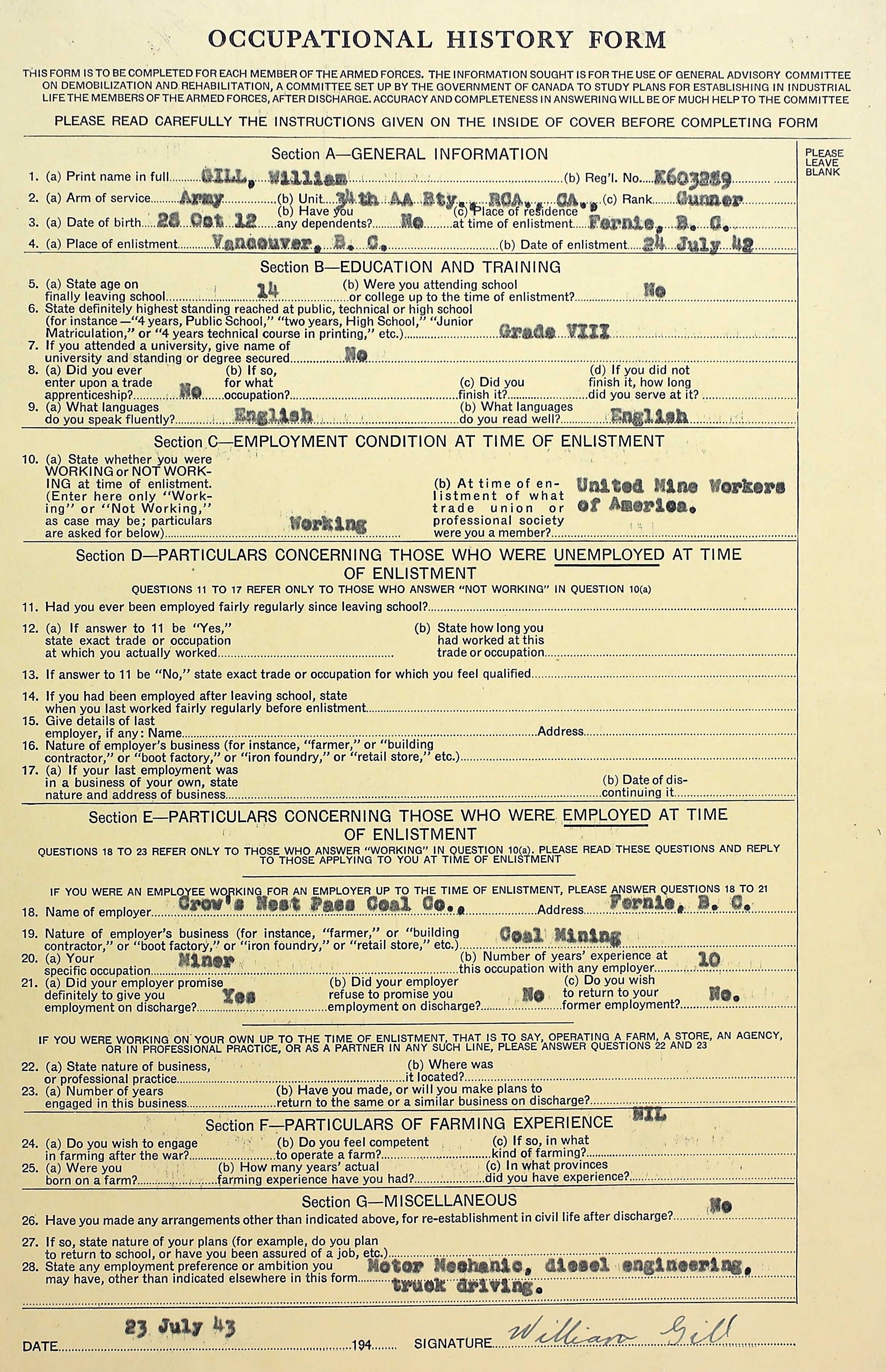 Occupational History Form