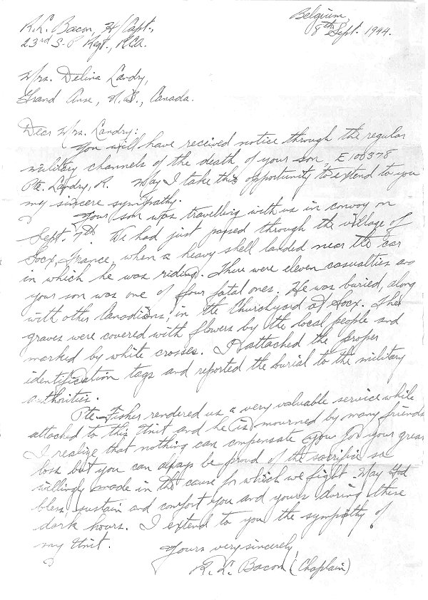Letter from R.L. Bacon (Chaplain)