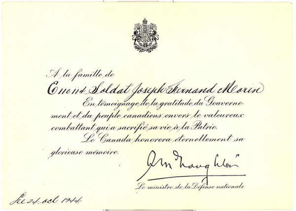 Sympathy Card from the Minister of National Defence