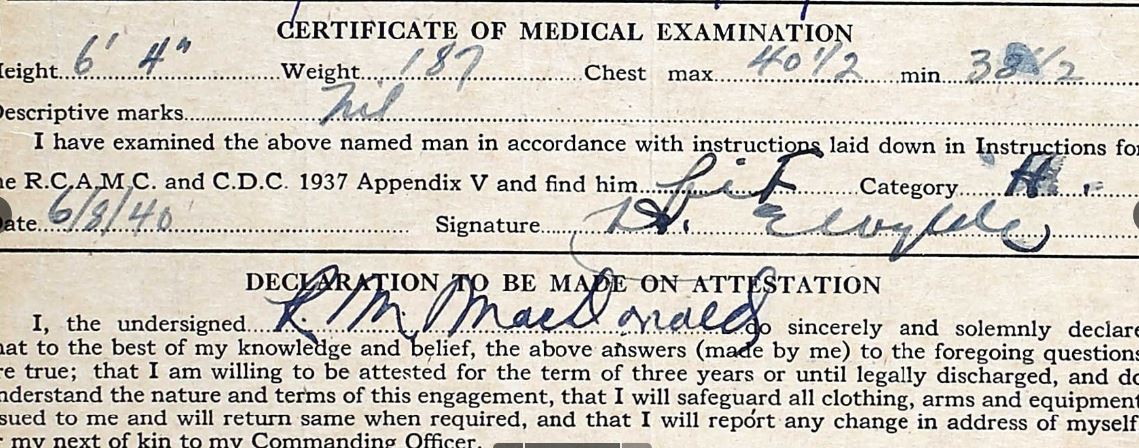 Certificate of Medication Examination upon enlistment.