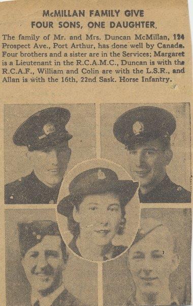 Port Arthur newspaper article,acknowledging family contribution to Canadian Forces.
