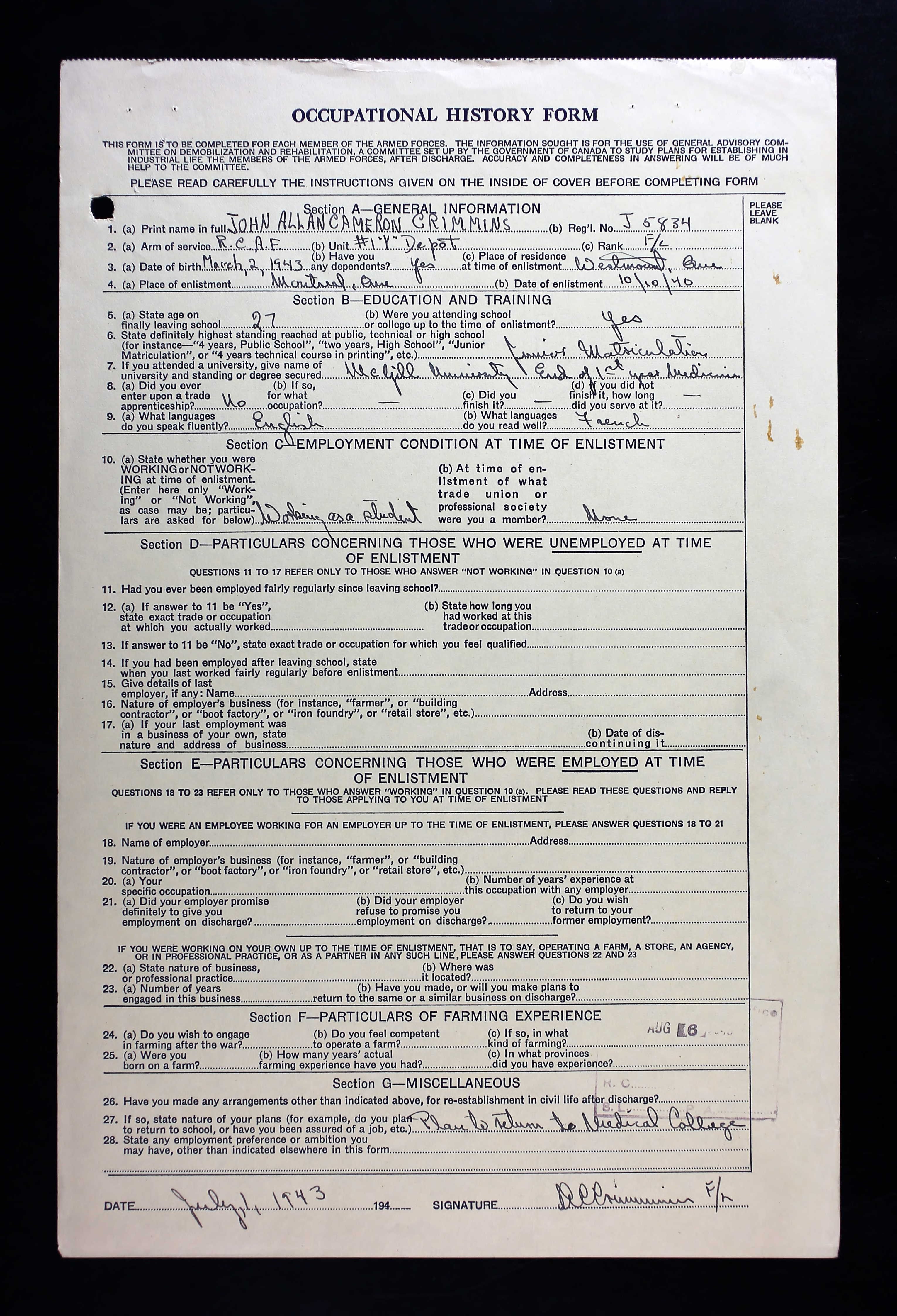 Occupational History Form