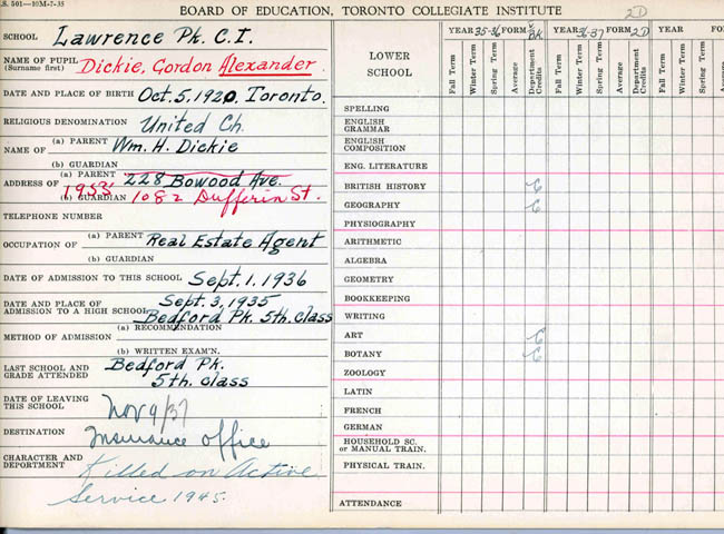 School Registration Card