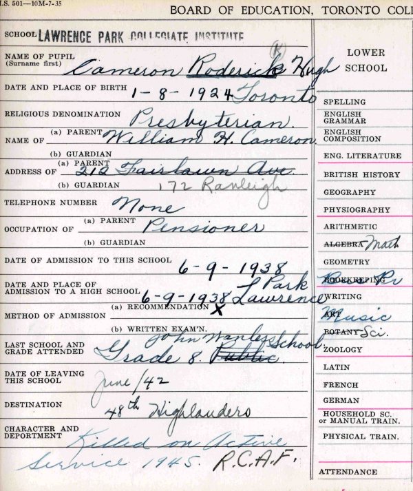 High school registration card