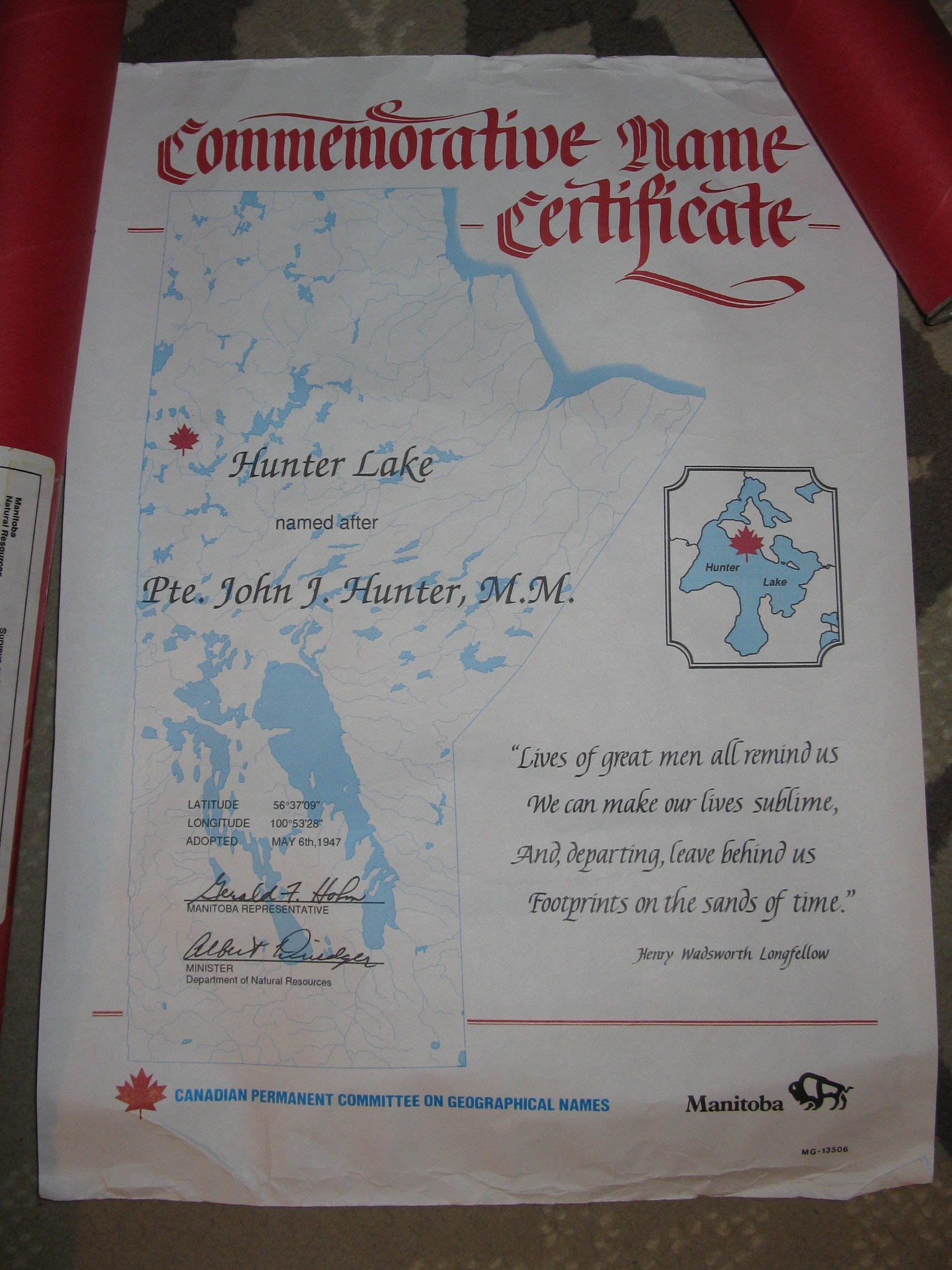 Hunter Lake certificate.