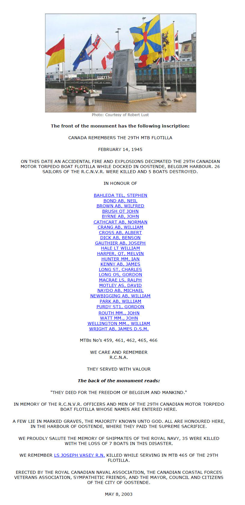 Oostende Naval Memorial to the Canadian 29th Motor Torpedo Boat Flotilla