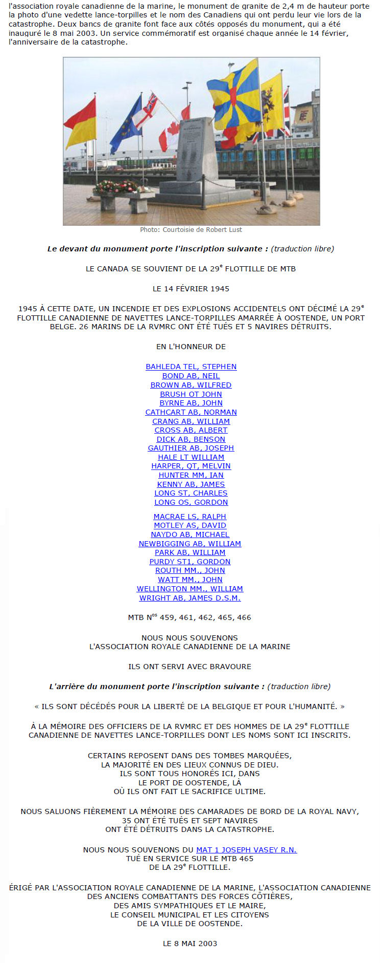 Oostende Naval Memorial to the Canadian 29th Motor Torpedo Boat Flotilla