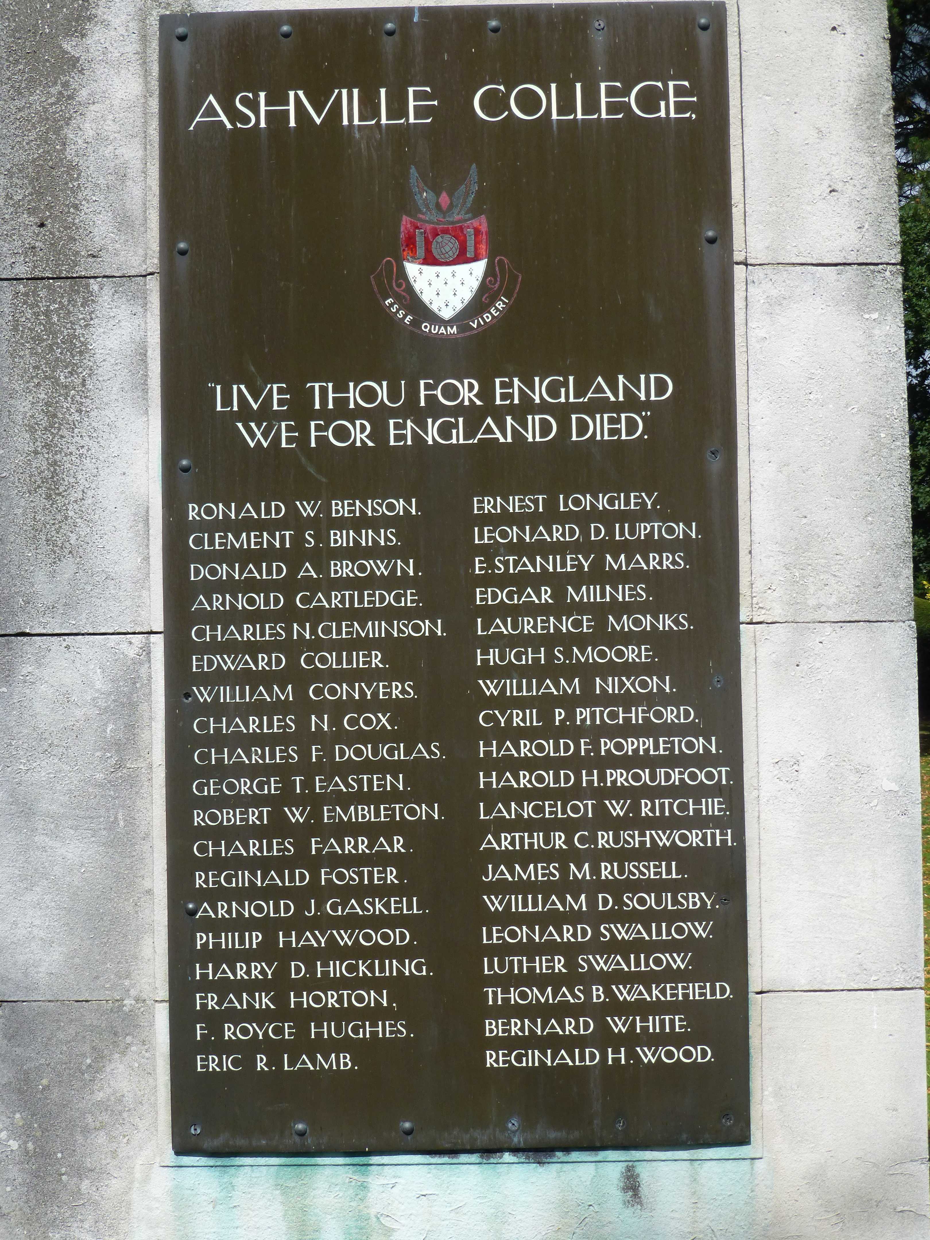 Inscription on Ashville War Memorial