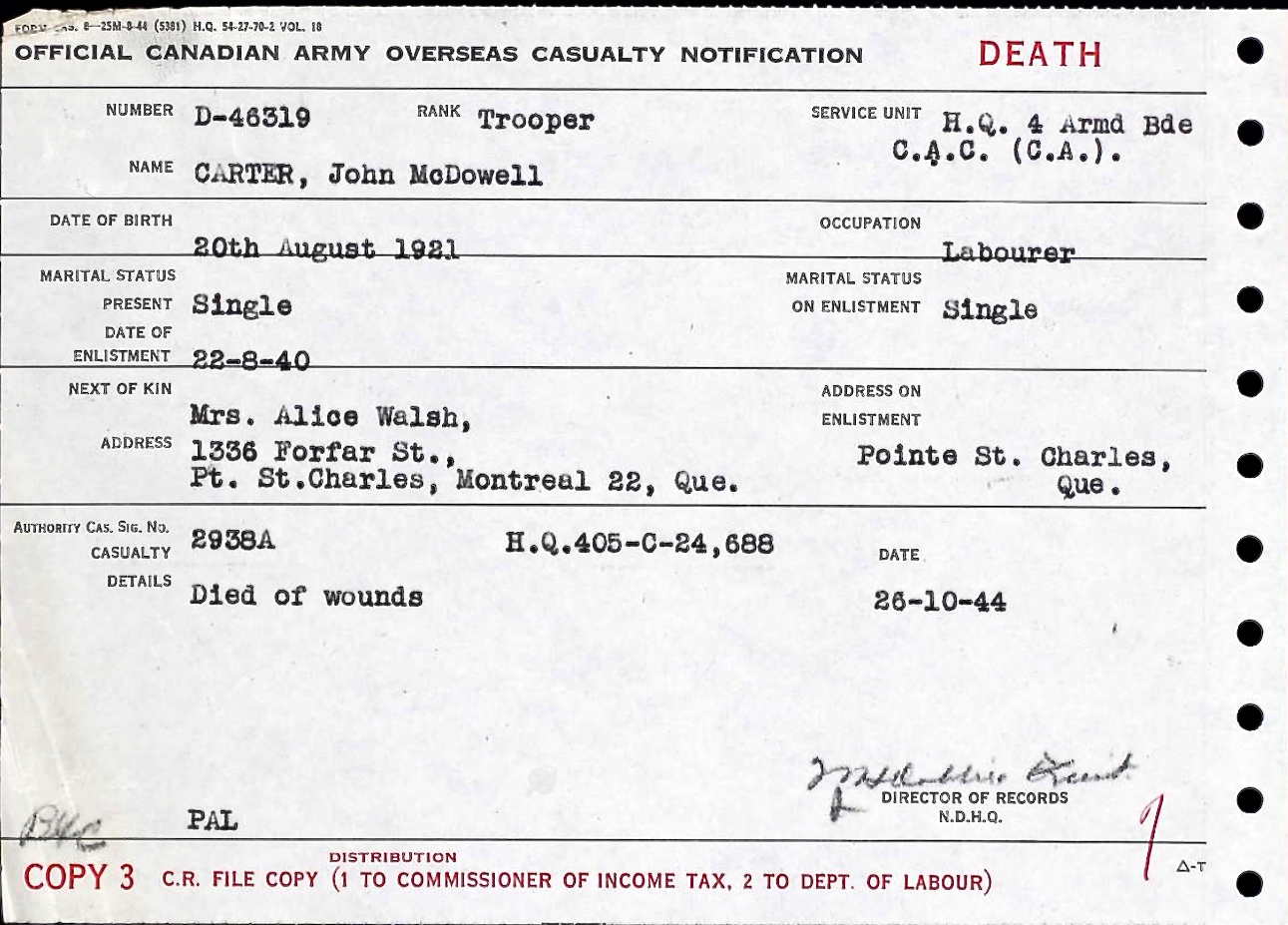 Notification of death