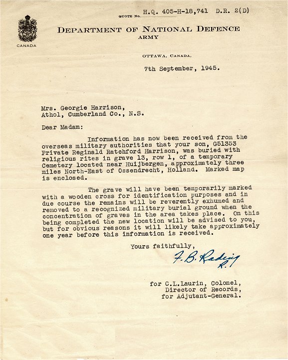 Letter from National Defence (September 7, 1945)