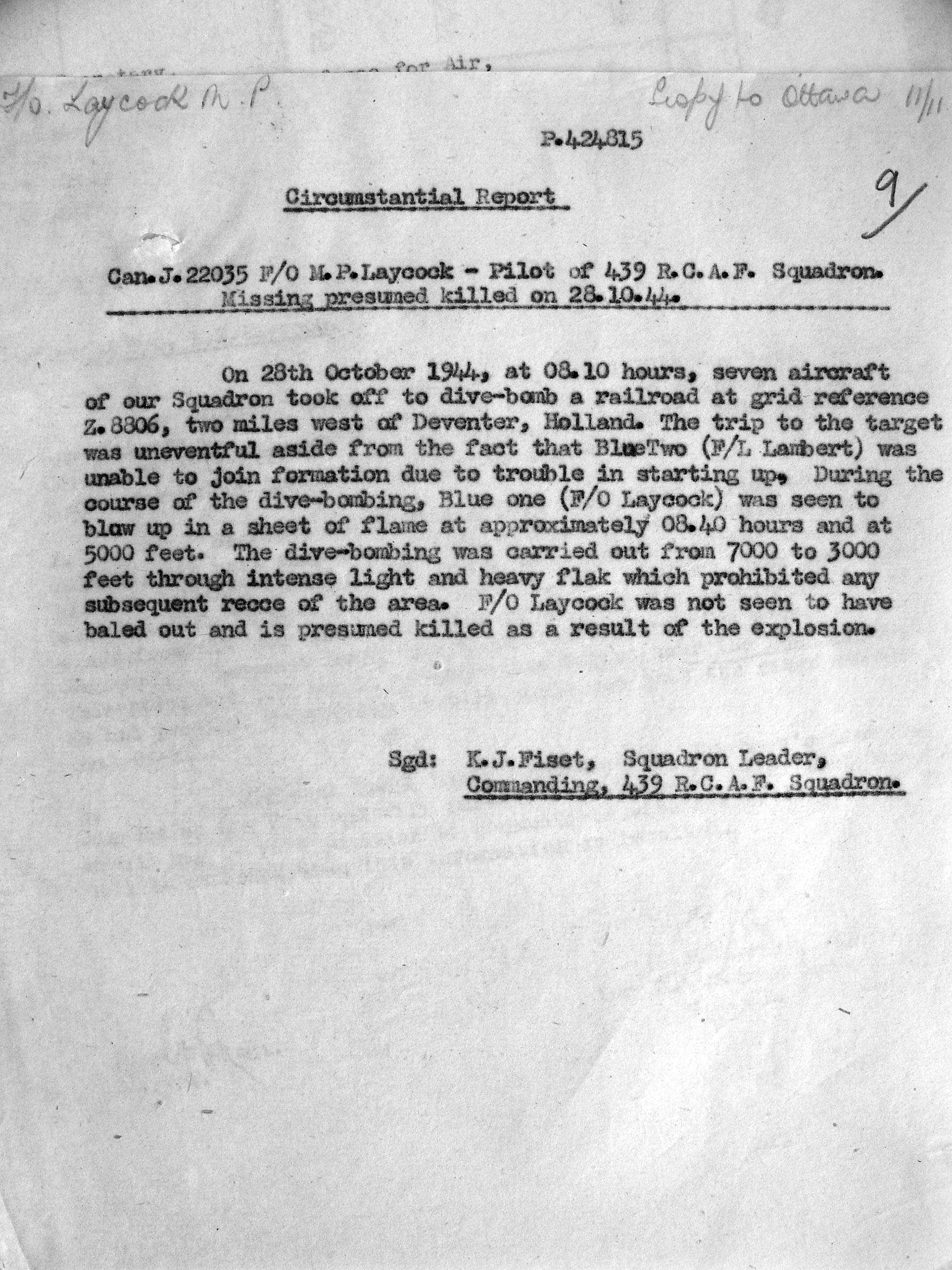 Circumstances of Laycock's crash, LAC, Ottawa