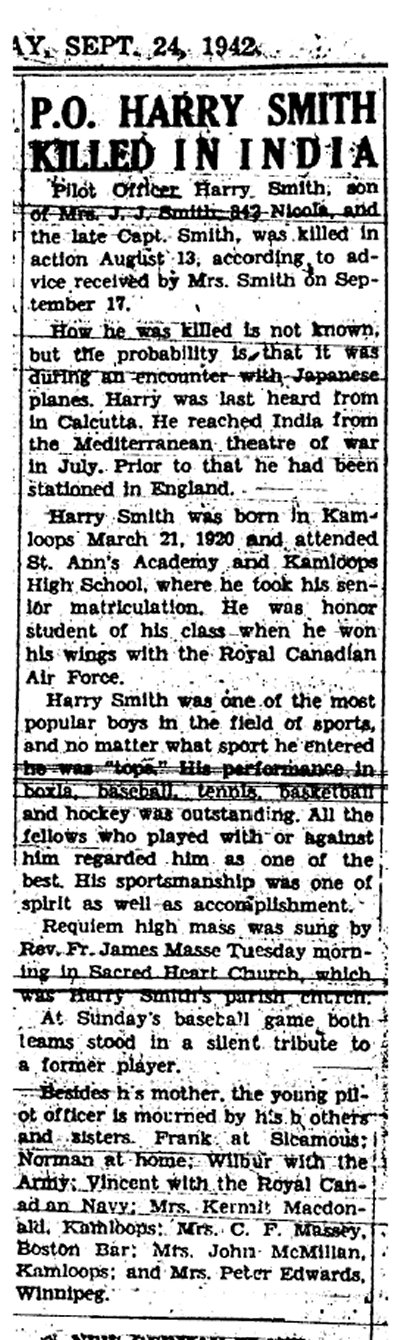 Newspaper Aticle on the death of Harry Smith.