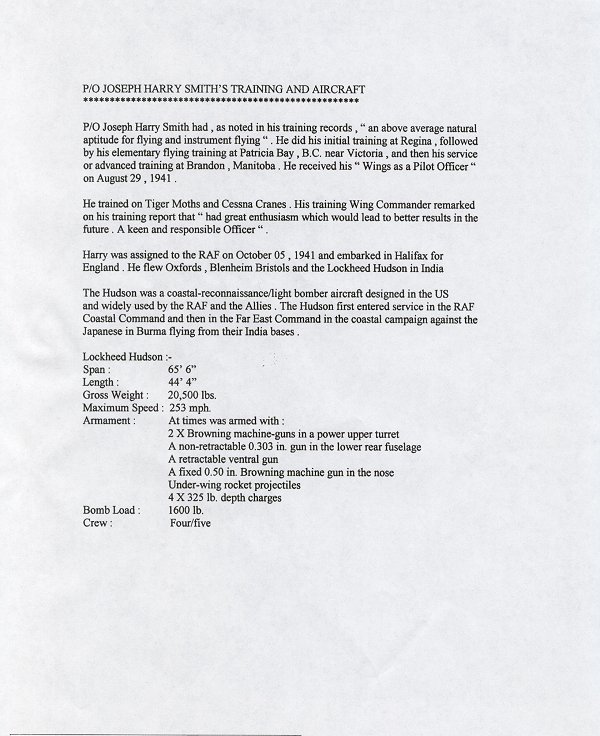 Joseph Harry Smith's training and aircraft