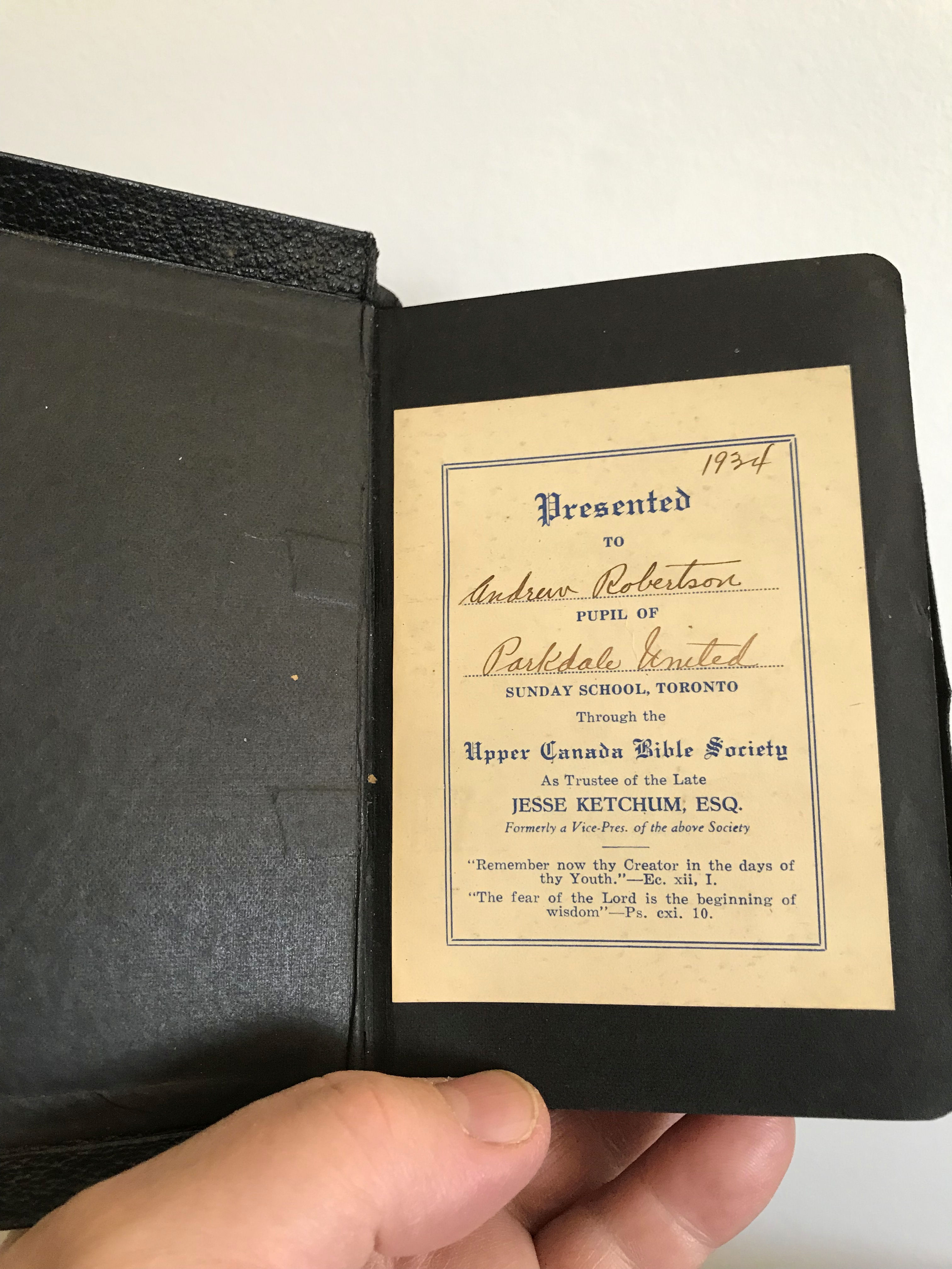 Photo of Andrew's Bible.
