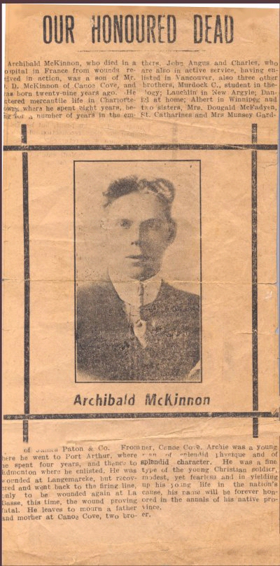 Newspaper clipping for Archibald MacKinnon