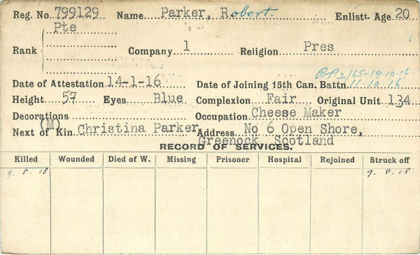 Record of Service Card (Front)