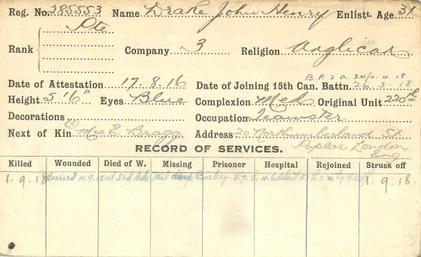 Record of Service Card (Front)