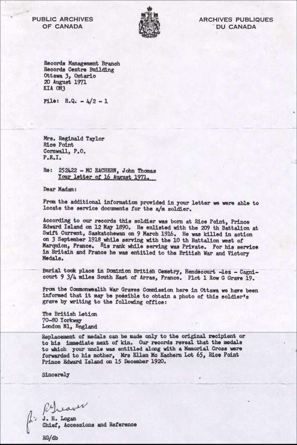 Letter from Public Archives of Canada