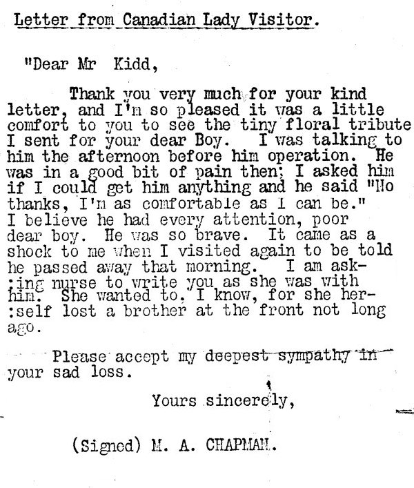 Letter from Canadian Visitor