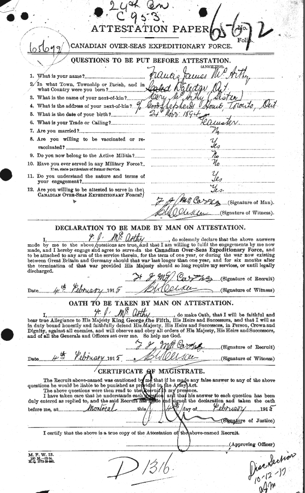 Attestation Paper (front) / February 4th, 1915