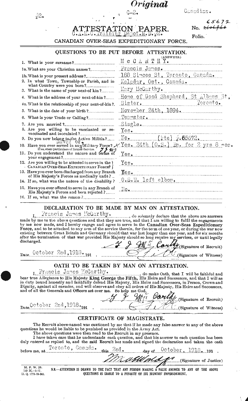 Attestation Papers (front) / October 2nd 1918