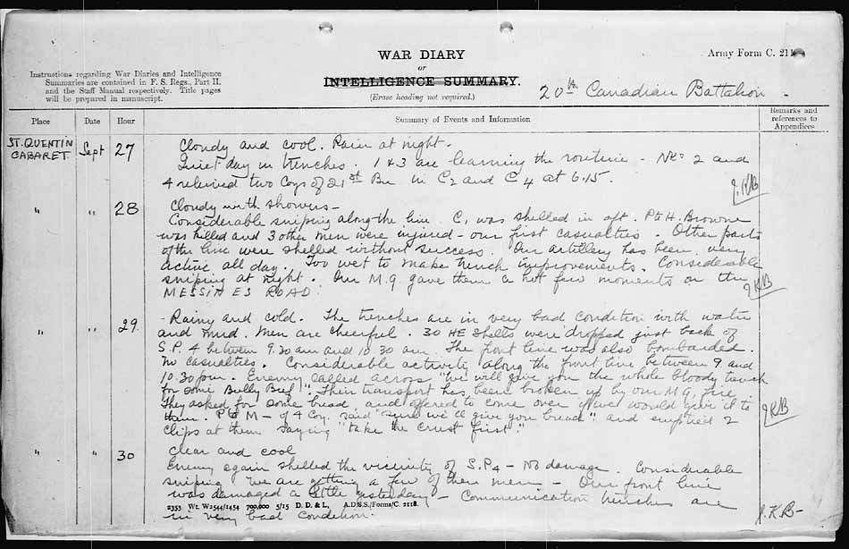 20th Battalion - War Diary